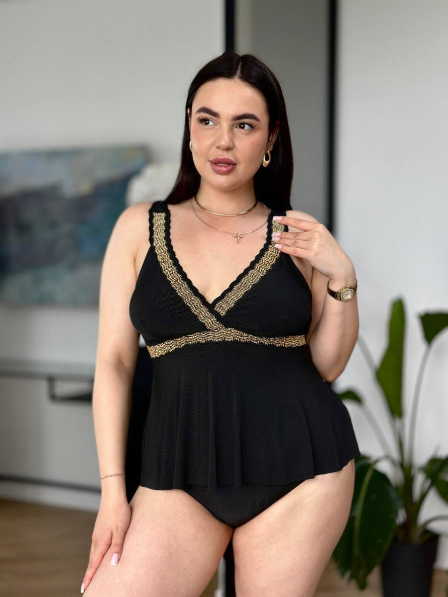 Чорний танкіні plus size з золотистим мереживом і високими трусиками