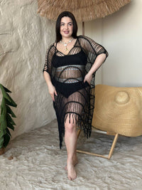 Чорна в'язана пляжна туніка з бахромою plus size