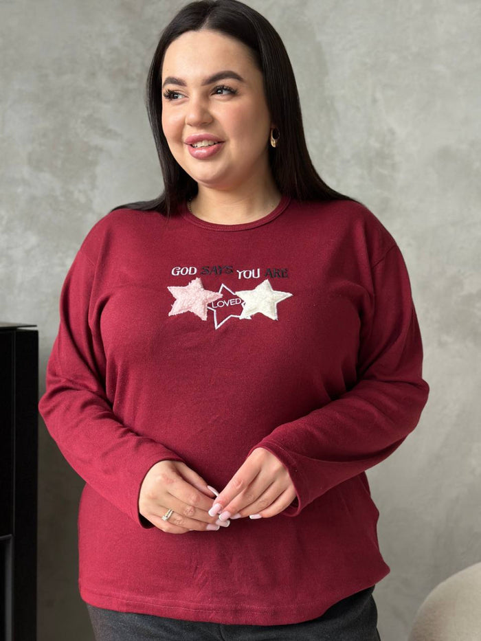 Бордова піжама plus size з мікрофлісу: лонгслів і штани