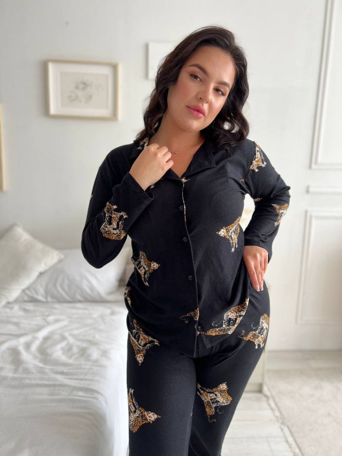 Чорна піжама з мікрофлісу з леопардовим принтом plus size
