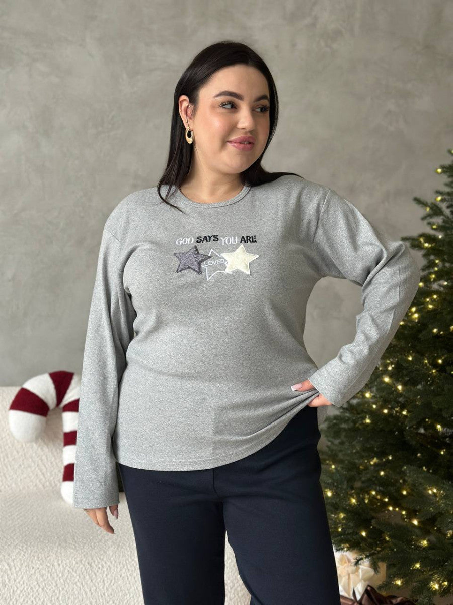 Сіра піжама plus size з лонгслівом і штанами, мікрофліс
