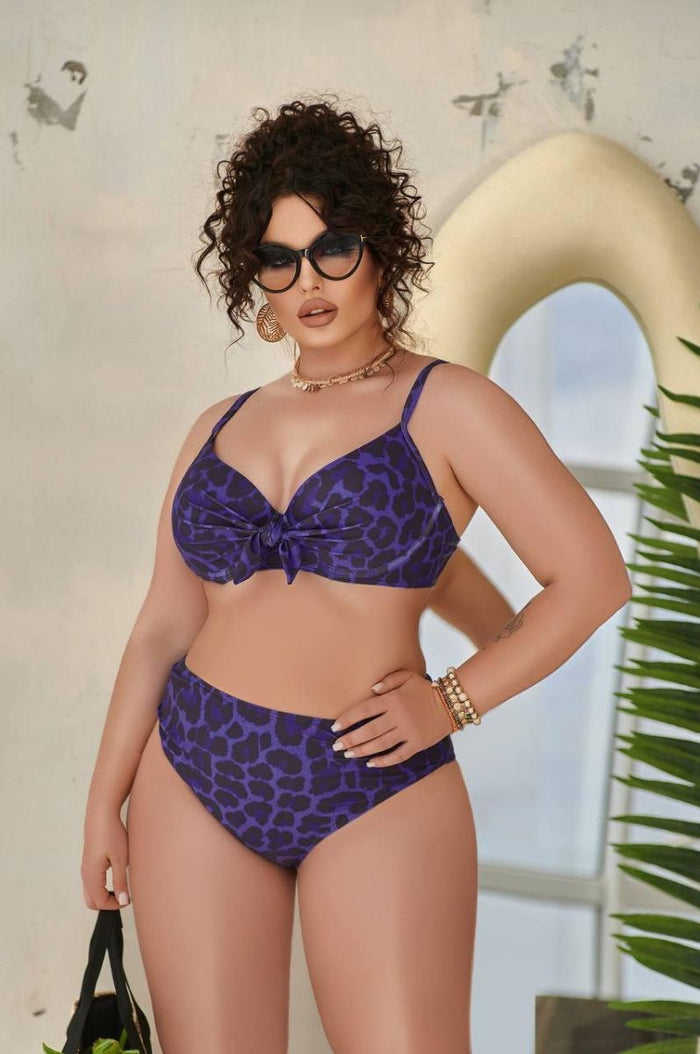 Роздільний купальник з леопардовим принтом, фіолетовий, plus size