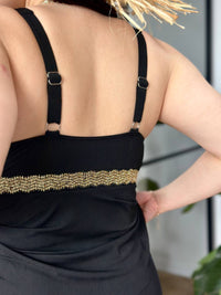 Чорний танкіні plus size з золотистим мереживом і високими трусиками