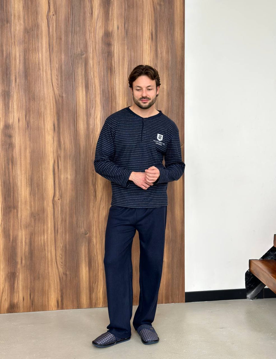 Чоловіча піжама в смужку з ґудзиками, темно-синя