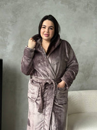 Жіночий халат plus size з капюшоном, махра велсофт, кавовий