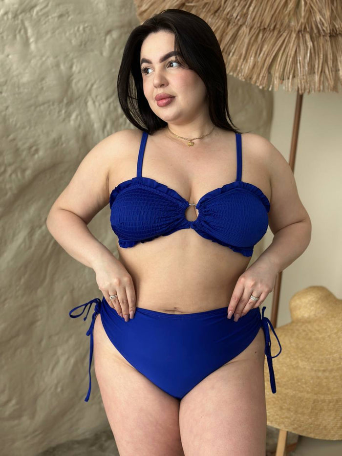 Синій купальник бандо з рюшами та зав'язками plus size