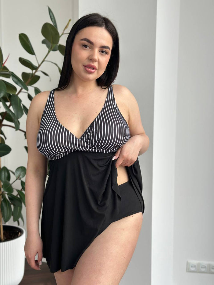 Купальник-танкіні plus size з вільною спідничкою і смугастим верхом