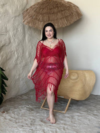 Червона в'язана пляжна туніка з бахромою plus size