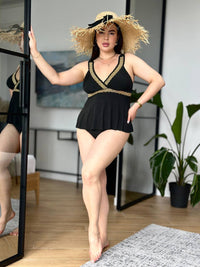 Чорний танкіні plus size з золотистим мереживом і високими трусиками