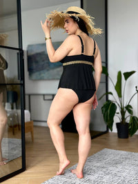 Чорний танкіні plus size з золотистим мереживом і високими трусиками