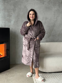 Жіночий халат plus size з капюшоном, махра велсофт, кавовий