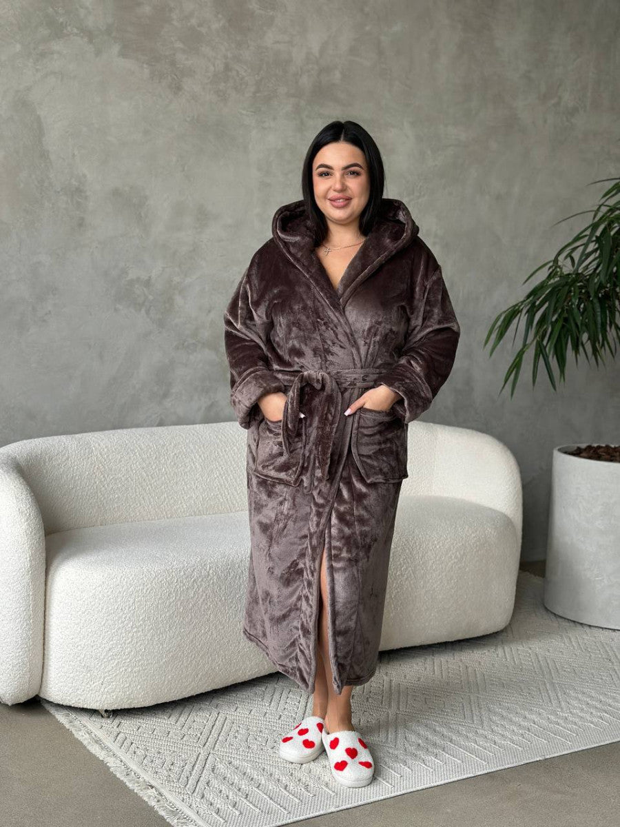 Махровий халат plus size з капюшоном, коричневий