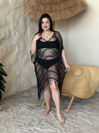 Чорна в'язана пляжна туніка з бахромою plus size