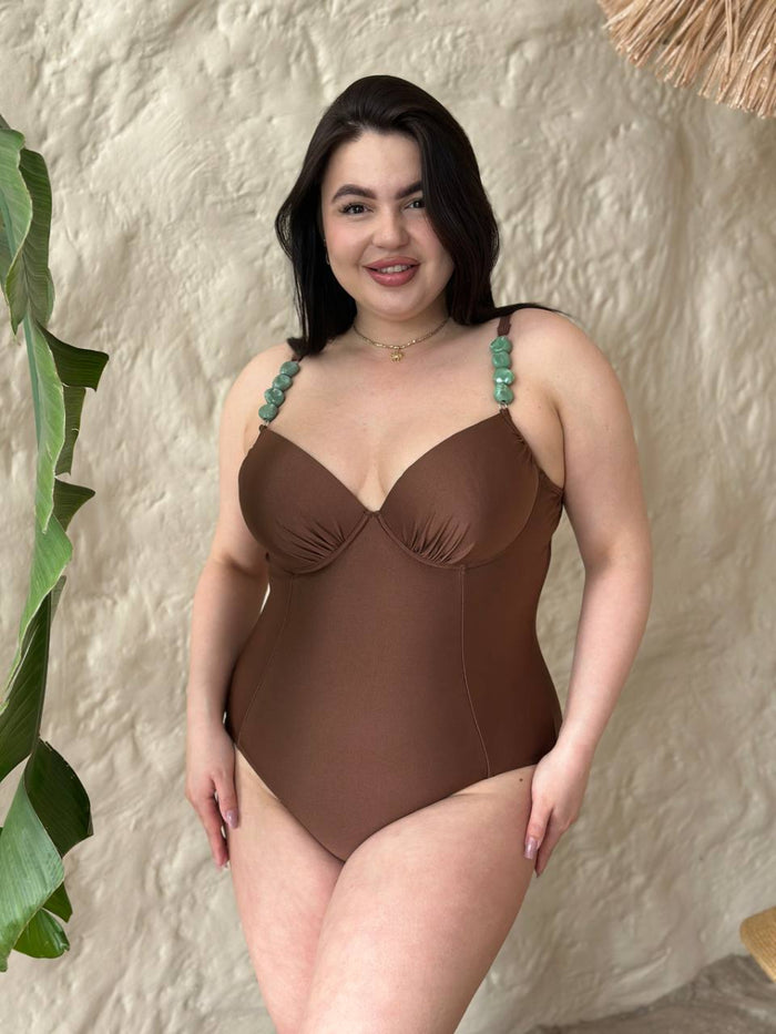 Суцільний купальник plus size з бретелями з камінцями, шоколадний