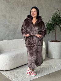Махровий халат plus size з капюшоном, коричневий