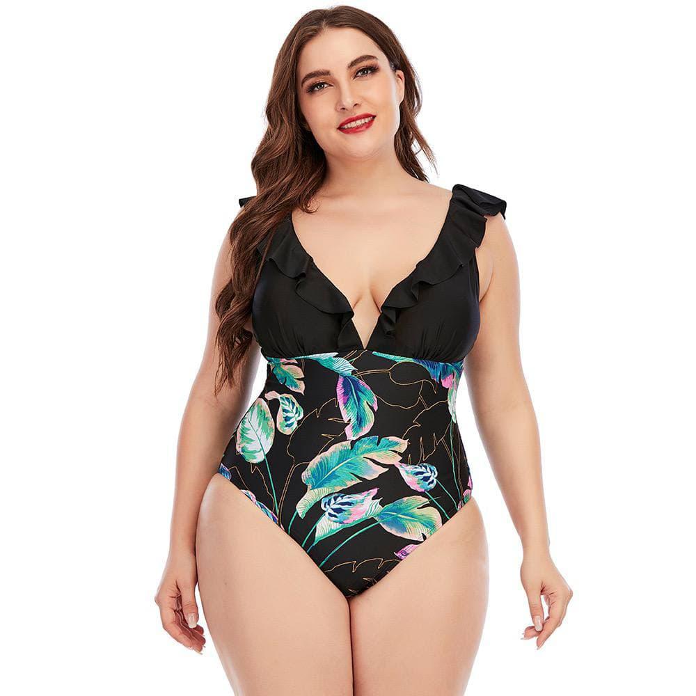 Злитий купальник з рюшами та тропічним принтом, plus size