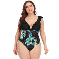 Злитий купальник з рюшами та тропічним принтом, plus size