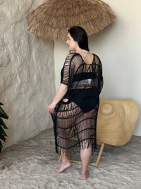 Чорна в'язана пляжна туніка з бахромою plus size