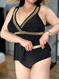 Чорний танкіні plus size з золотистим мереживом і високими трусиками
