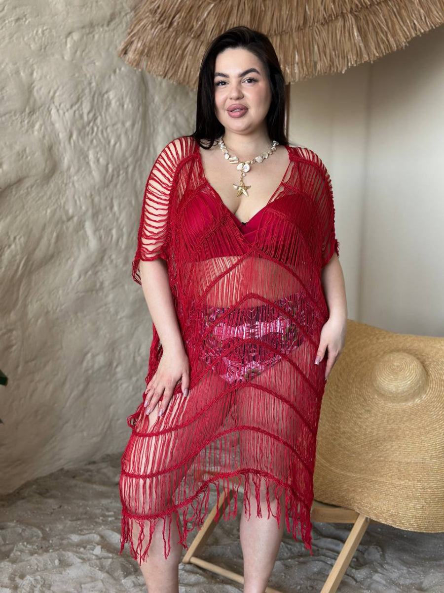 Червона в'язана пляжна туніка з бахромою plus size