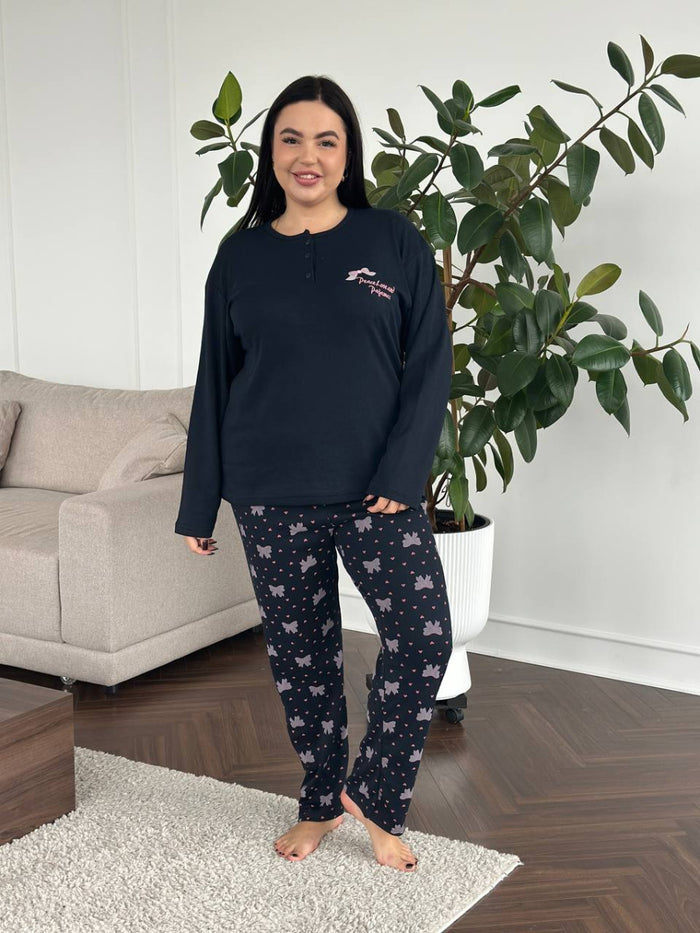 Темно-синя піжама plus size з мікрофлісу: лонгслів і штани з бантиками