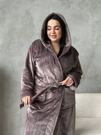 Жіночий халат plus size з капюшоном, махра велсофт, кавовий