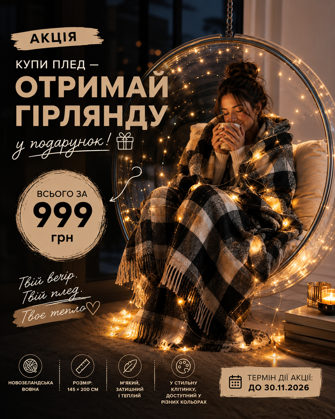 Плед Шотландка з китицями 145×200 см — теплий вовняний плед у клітинку + подарунок