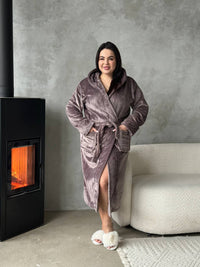 Жіночий халат plus size з капюшоном, махра велсофт, кавовий