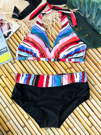 Роздільний купальник у смужку з високими трусами plus size