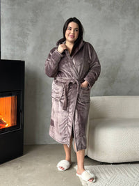Жіночий халат plus size з капюшоном, махра велсофт, кавовий