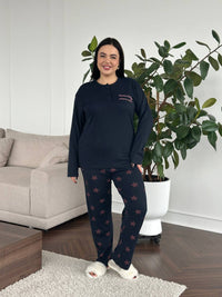 Жіноча піжама plus size з лонгслівом і штанами в зірочку, синя