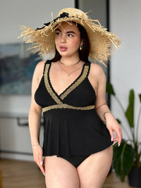 Чорний танкіні plus size з золотистим мереживом і високими трусиками