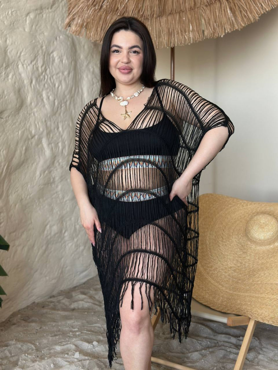 Чорна в'язана пляжна туніка з бахромою plus size