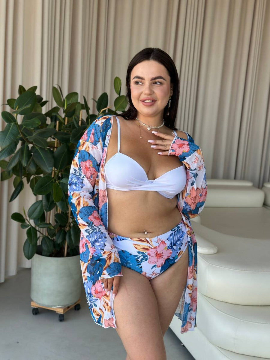 Купальник з тунікою plus size: білий ліф на кісточках і квітковий принт