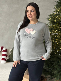 Жіноча піжама plus size з лонгслівом і штанами, сіра з сердечками
