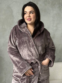 Жіночий халат plus size з капюшоном, махра велсофт, кавовий