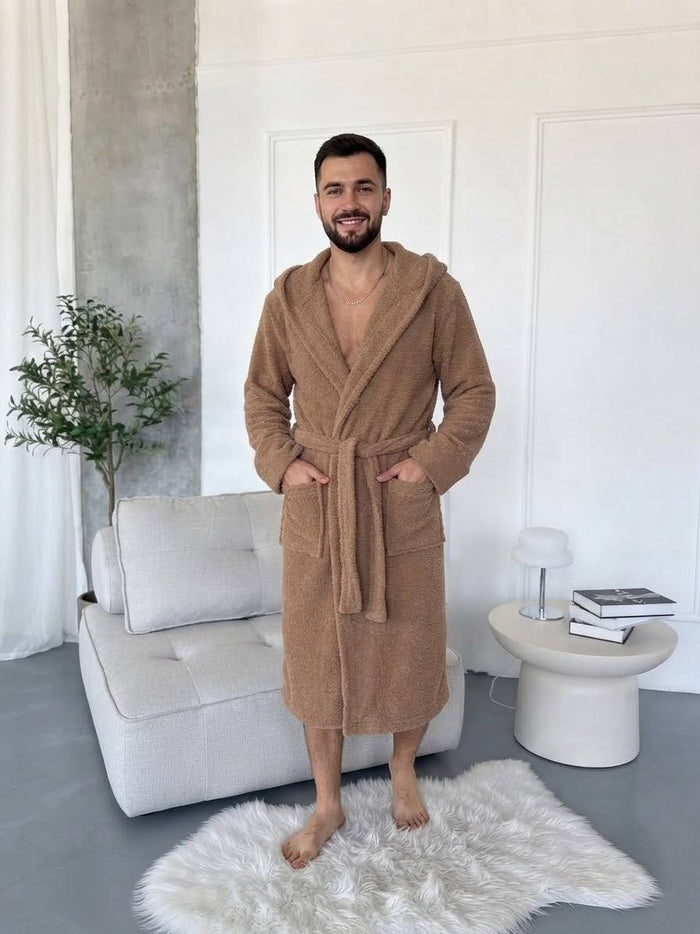 Чоловічий махровий халат з капюшоном, 100% бавовна, капучино