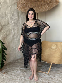 Чорна в'язана пляжна туніка з бахромою plus size