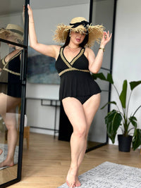 Чорний танкіні plus size з золотистим мереживом і високими трусиками