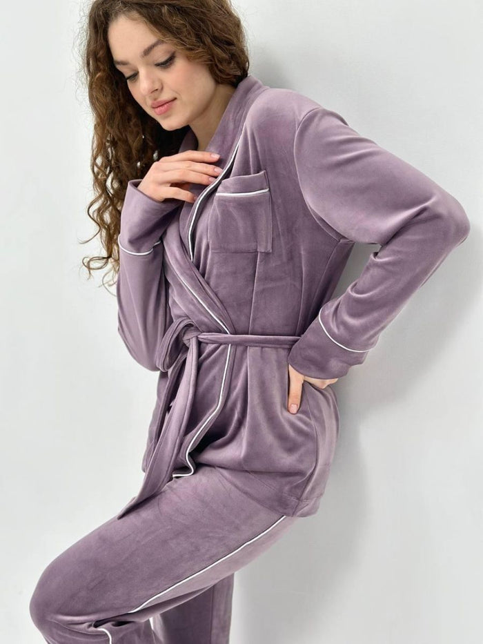 Велюрова піжама-кімоно з поясом і кантом, лавандова, plus size