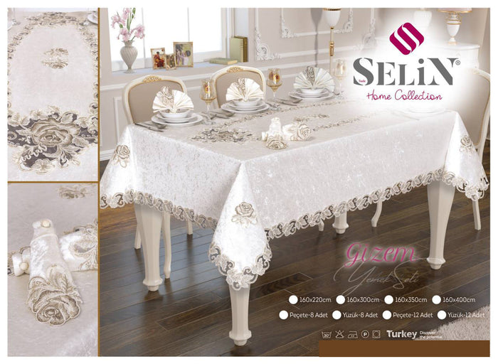 Велюрова скатертина з мереживом 160×300 см + 12 серветок